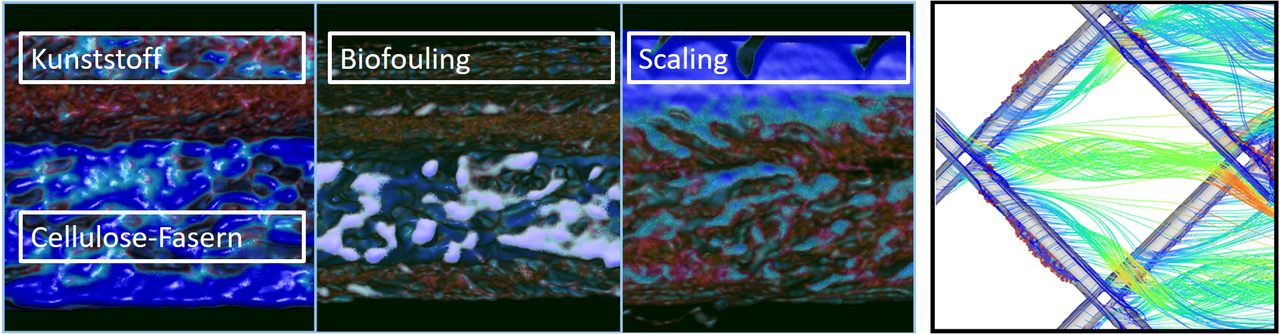 Vergleich von Mikro-Computertomographie-Aufnahmen des Querschnitts einer nativen Umkehrosmose-Membran (links) sowie von Membranen mit Ablagerungen durch Biofouling bzw. Scaling. CFD-Simulationen des Strömungsfelds über der RO-Membran und dem Spacer (re) Vergleich von Mikro-Computertomographie (μ-CT) Aufnahmen des Querschnitts einer nativen Umkehrosmose-Membran (links) sowie von Membranen mit Ablagerungen durch Biofouling bzw. Scaling. CFD-Simulationen des Strömungsfelds über der RO-Membran und dem Spacer (rechts). Die Bildung von Kristallen (Scaling) auf dem Spacer wird beobachtet.